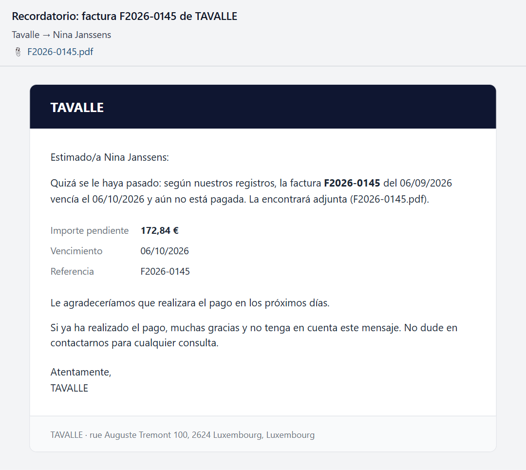 E-mail de recordatorio de pago a un cliente con el importe, el vencimiento y el PDF adjunto