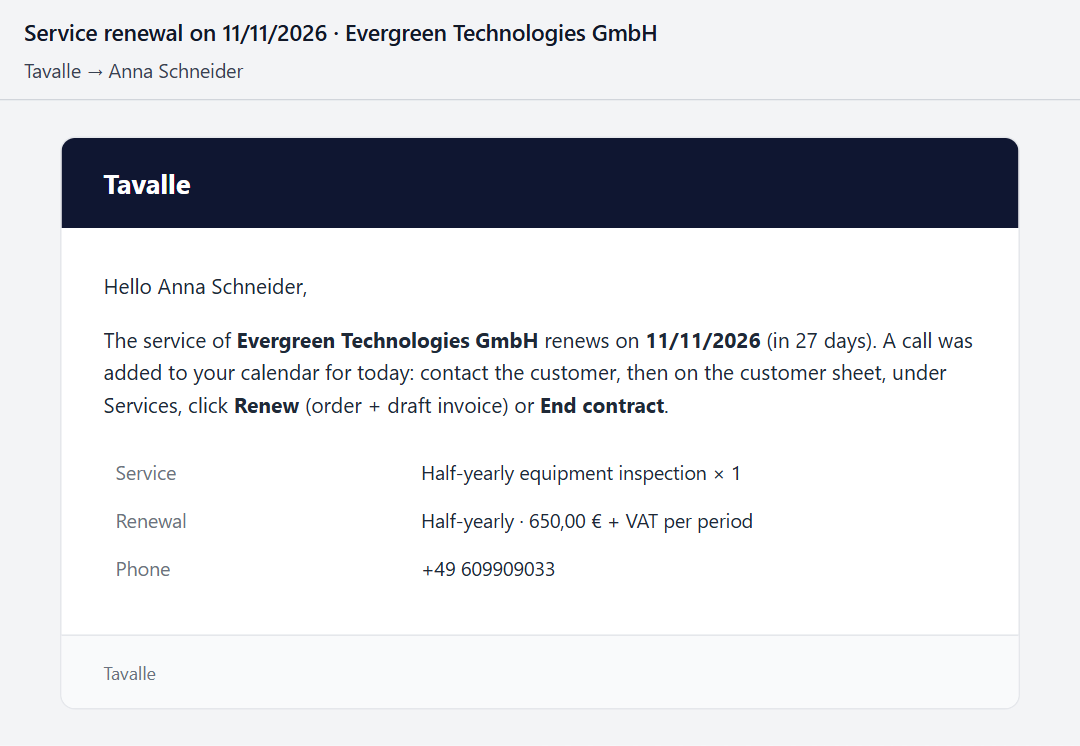E-mail to a sales rep announcing a half-yearly service renewal in 27 days
