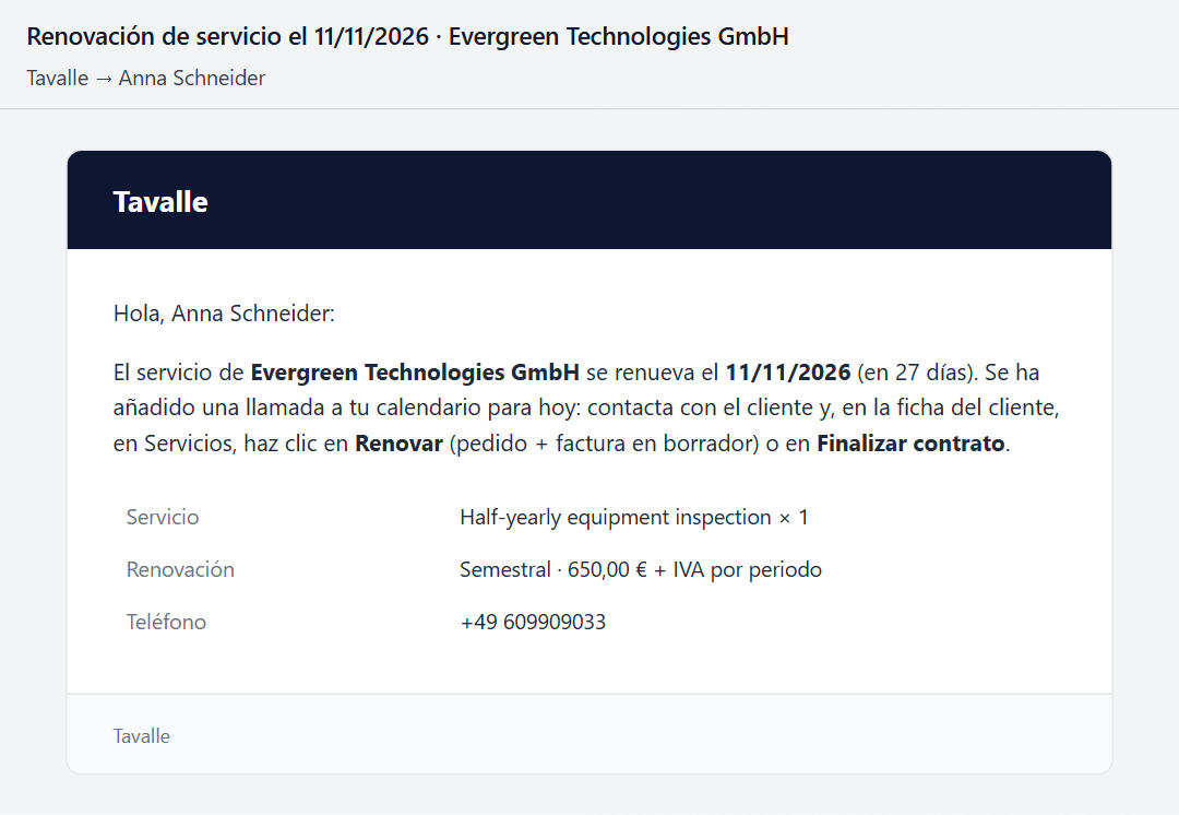 E-mail a un comercial que anuncia la renovación de un servicio semestral dentro de 27 días