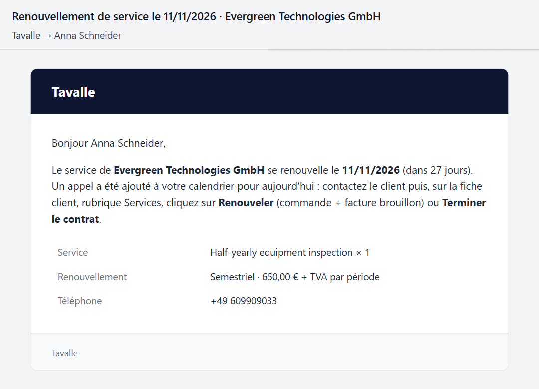 E-mail à un commercial annonçant le renouvellement d’un service semestriel dans 27 jours