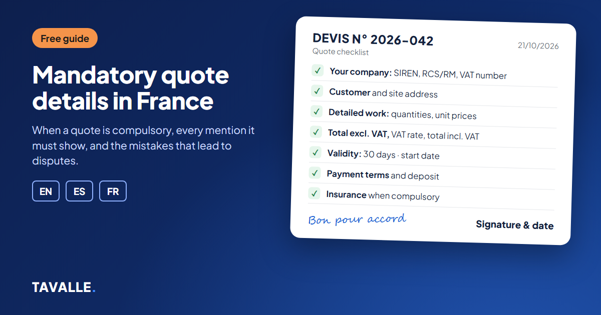 A quote checklist: company and customer details, description of the work, prices excluding and