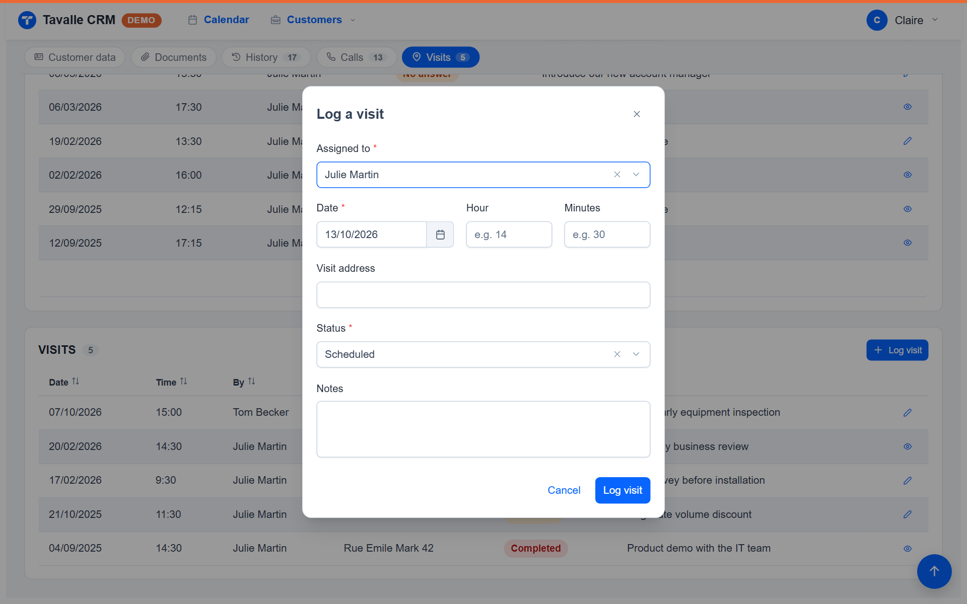 Tavalle, logging a visit from the customer’s page, assigned to their sales rep (demo data)