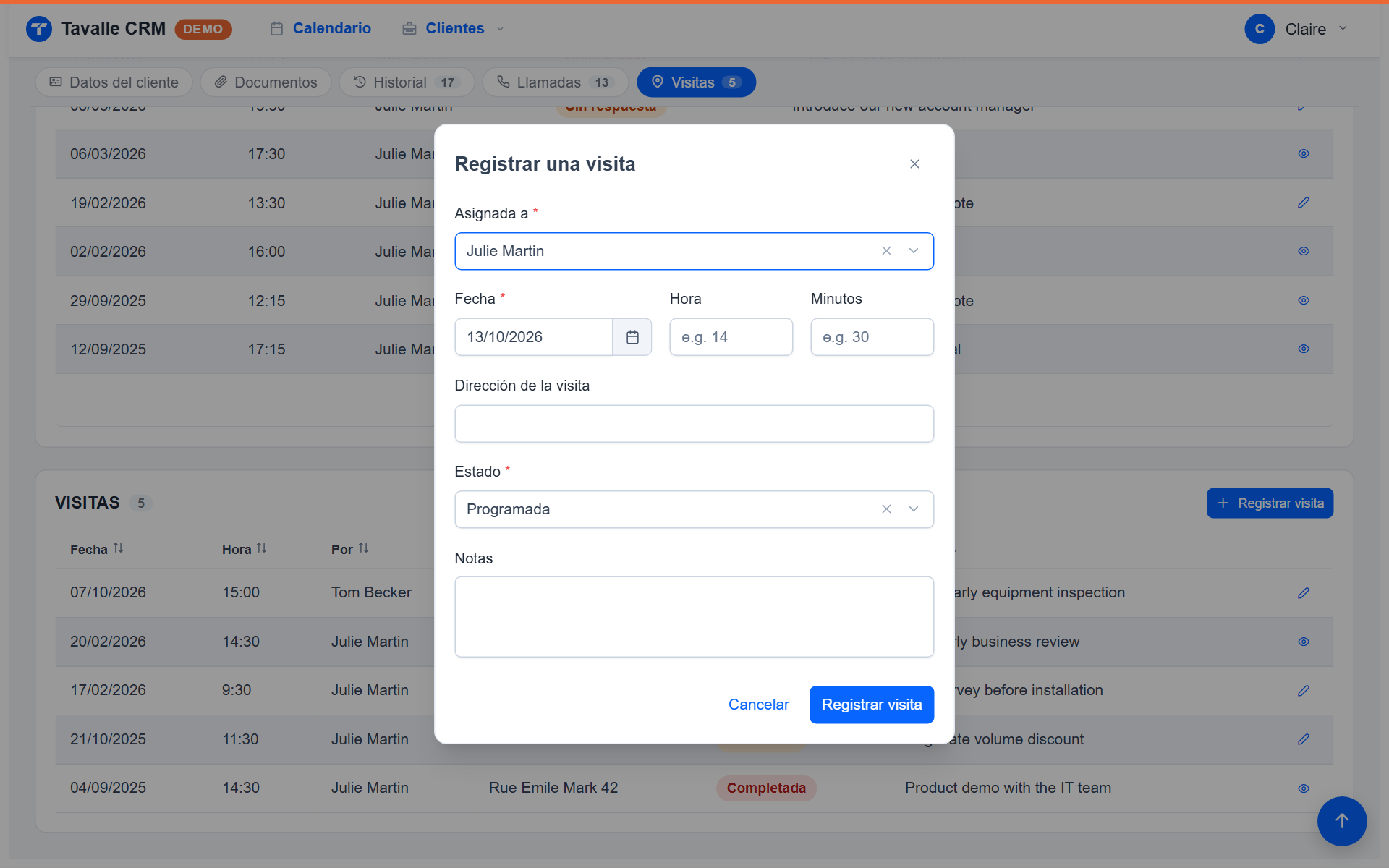 Tavalle, registrar una visita desde la ficha del cliente, asignada a su comercial (datos de demostración)