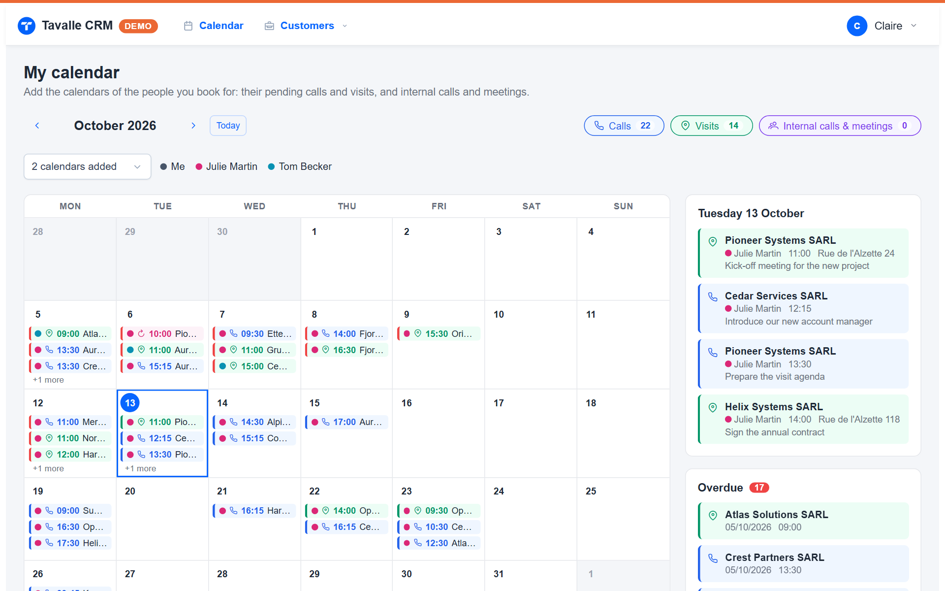 Tavalle, reception calendar with the calendars of a sales rep and a field technician (demo data)