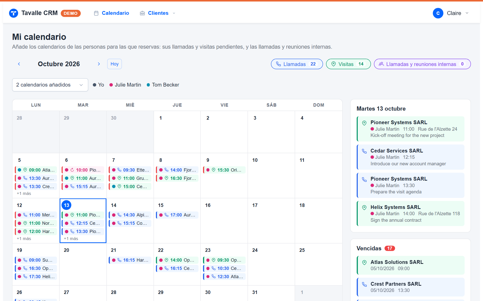 Tavalle, calendario de recepción con los calendarios de una comercial y de un técnico (datos de demostración)