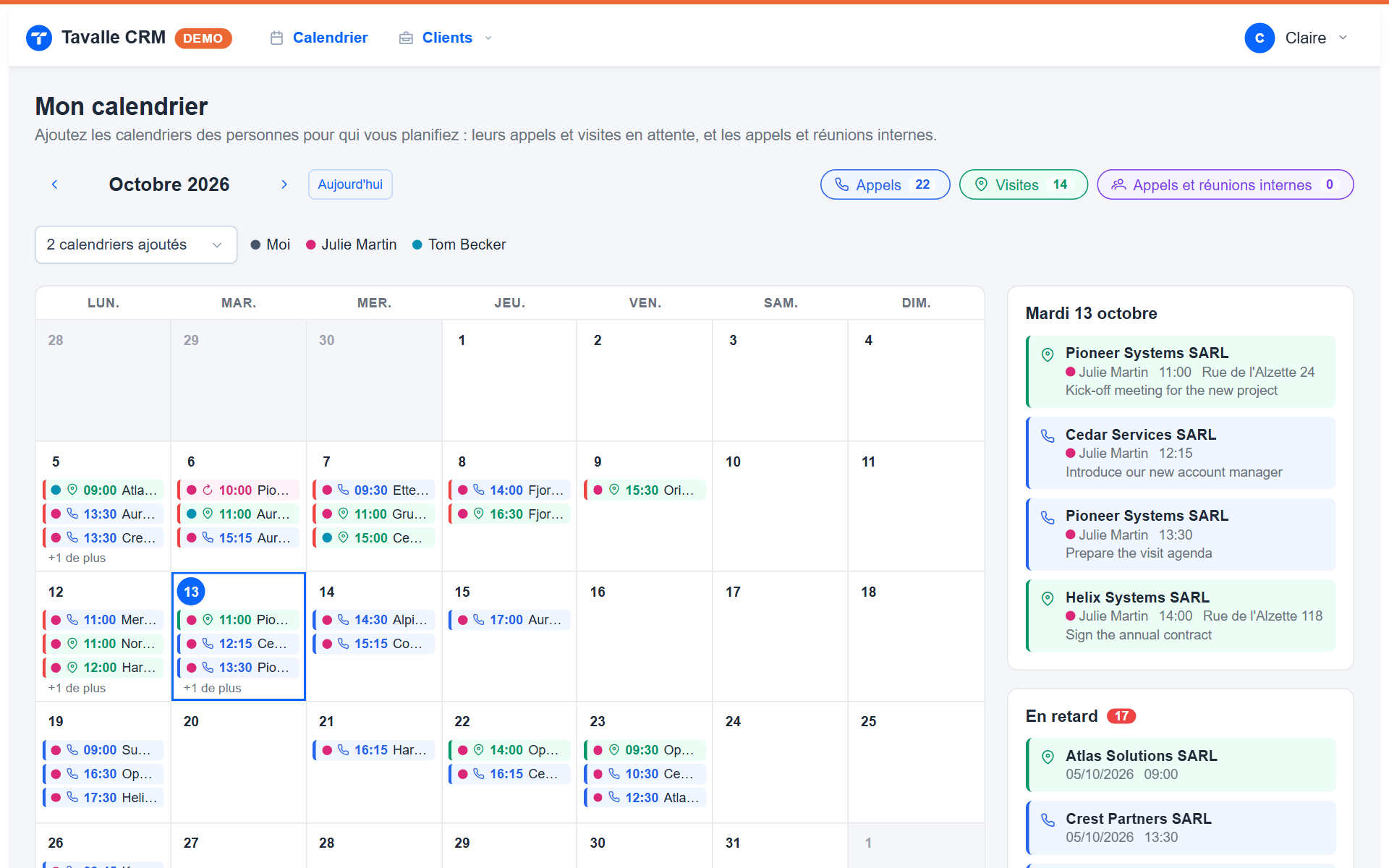 Tavalle, calendrier de l’accueil avec les calendriers d’une commerciale et d’un technicien (données de démonstration)