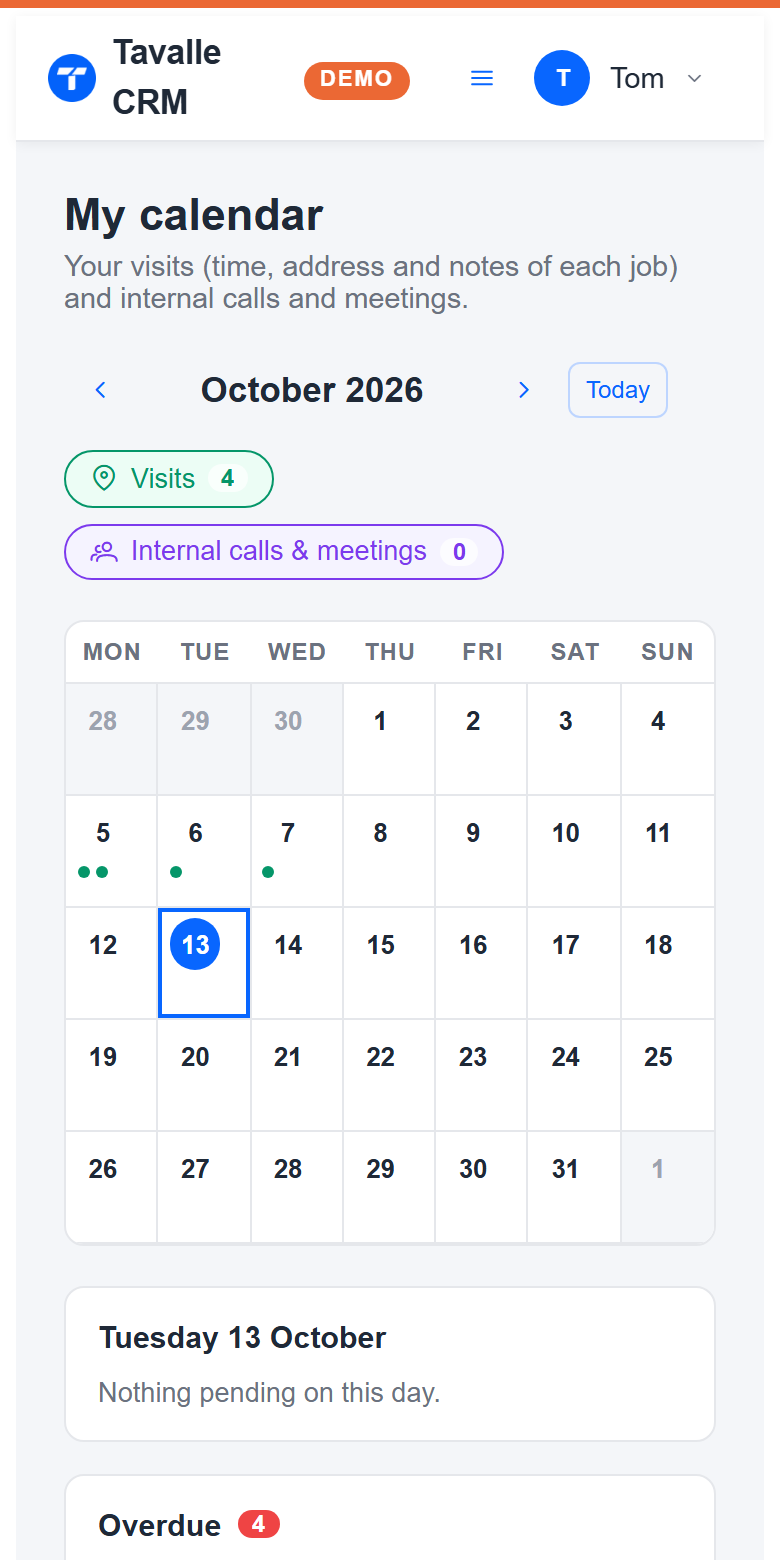 Tavalle on a phone: a team member’s calendar with today’s visit (demo data)