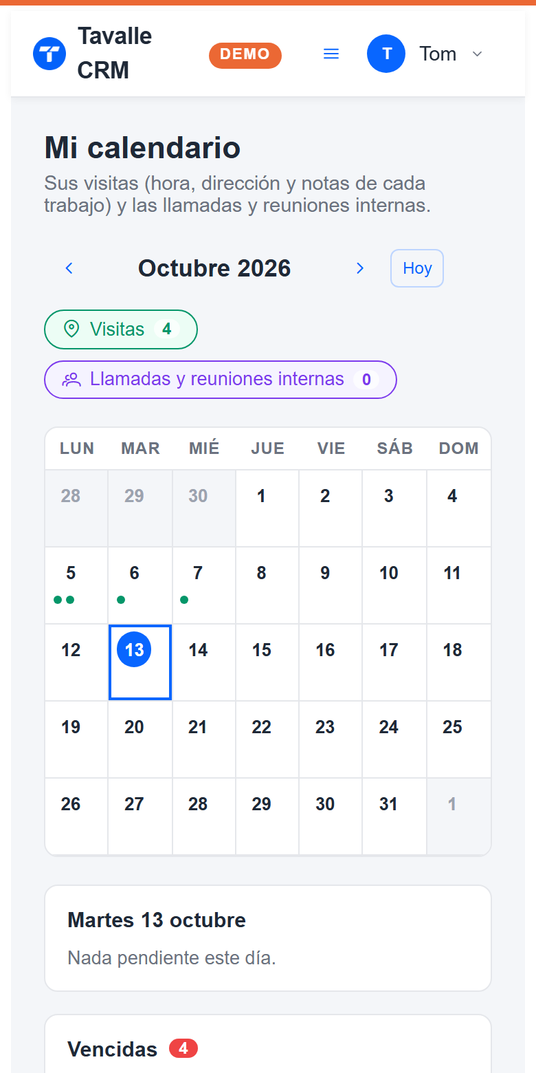 Tavalle en un móvil: calendario de un miembro del equipo con la visita de hoy (datos de demostración)