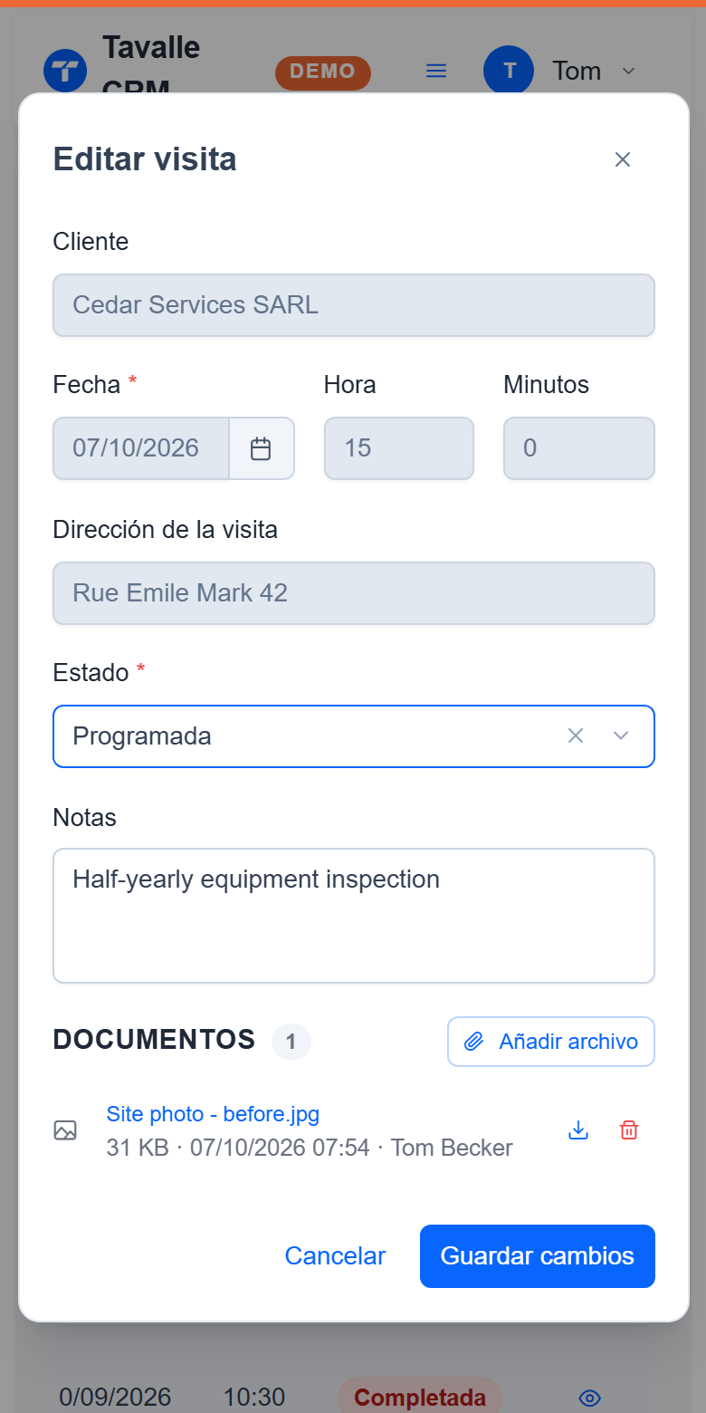 Tavalle en un móvil: una visita con su estado, notas y una foto del lugar (datos de demostración)